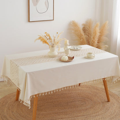 2025 Lexuanxiu New tablecloth wholesale cotton and linen thickened hollow phoenix tail splicing simple ins log wind picnic tablecloth