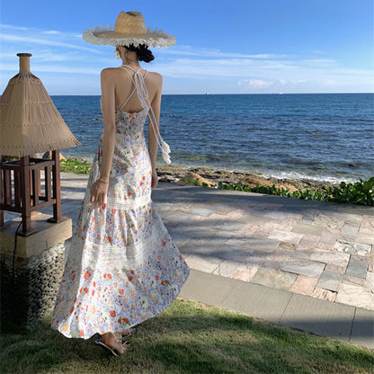 2025 Coffee break  vacation style beautiful waist dress seaside photo atmosphere floral neck suspender dress women