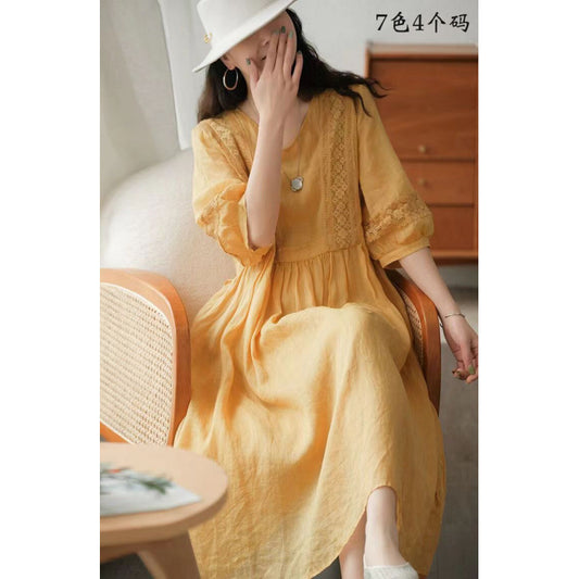Comfortable and stylish simple seven-quarter-sleeved literary lace-up dress  summer temperament V-neck small fresh dress