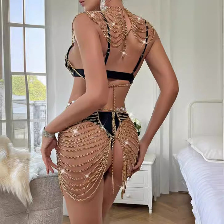 234023 2025 New hot-selling metal chain splicing multi-layer wave neck top fashionable hollow waist chain set