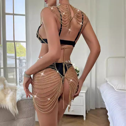 234023 2025 New hot-selling metal chain splicing multi-layer wave neck top fashionable hollow waist chain set