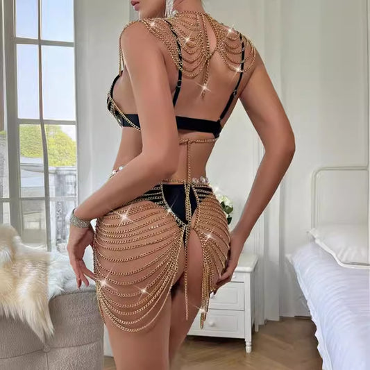 234023 2025 New hot-selling metal chain splicing multi-layer wave neck top fashionable hollow waist chain set