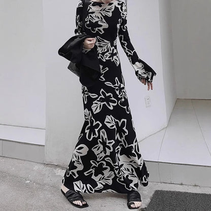 2025 retro socialite cold wind temperament long dress high-end printed dress long dress spring