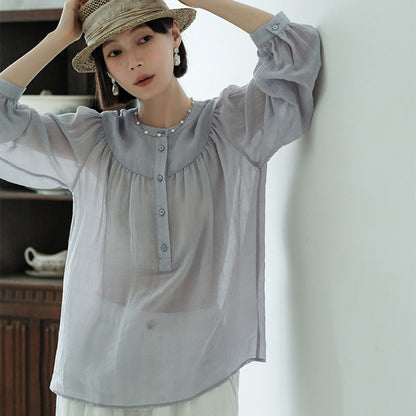 Shirt Women's Summer, Silk and Hemp Sunscreen Shirt, Long Sleeve Women's Top Premium, Women's Ramie Shirt B0705