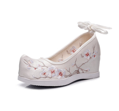 flowersverseHigh Heel the Han-Style Clothing Shoes Women's Ancient Style Height Increasing Insole Seven cm Embroidered Cotton Shoes Matching Retro Matching Student Dancing Shoes