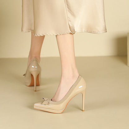 2025 1088-20 pointed thin heel high heels women's shallow mouth temperament bow high heel single shoes waterproof table patent leather women's shoes
