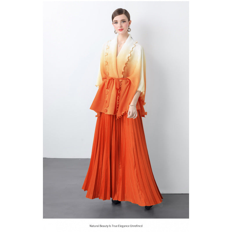Fashion suit women's clothing strap waist gradual change color pleated cardigan top high waist pleated skirt two sets