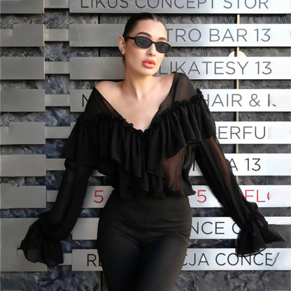early spring new high-end  design fungus edge chiffon shirt women's loose V-neck solid color niche top