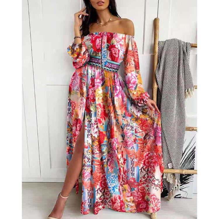 FLOWERSVERSE 2025 New 2025 summer women's dress round neck temperament commuting elastic waist casual pendulum printed skirt