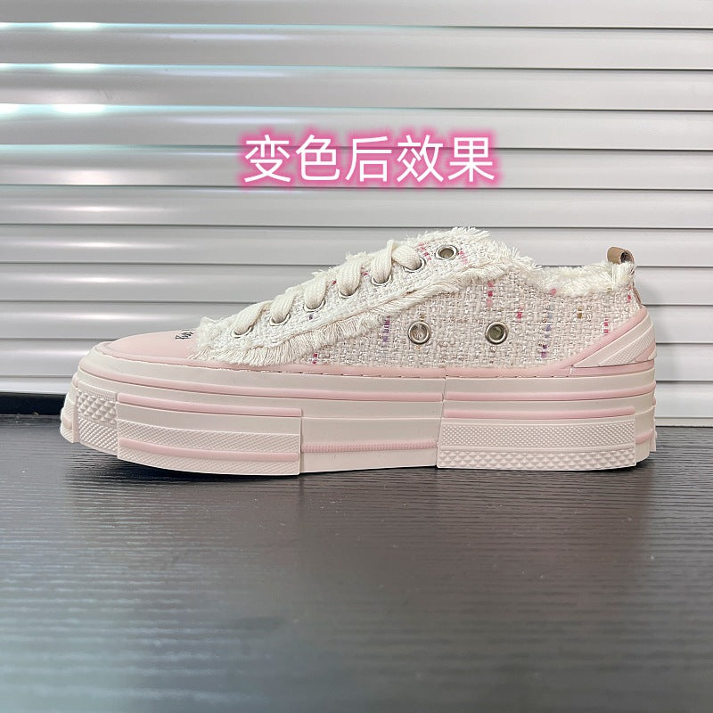 flowersverseSwan Heart Wu Jianhao Same Style Beggar Shoes Pink Feather Sequins Platform Canvas Shoes Fairy Casual White Shoes