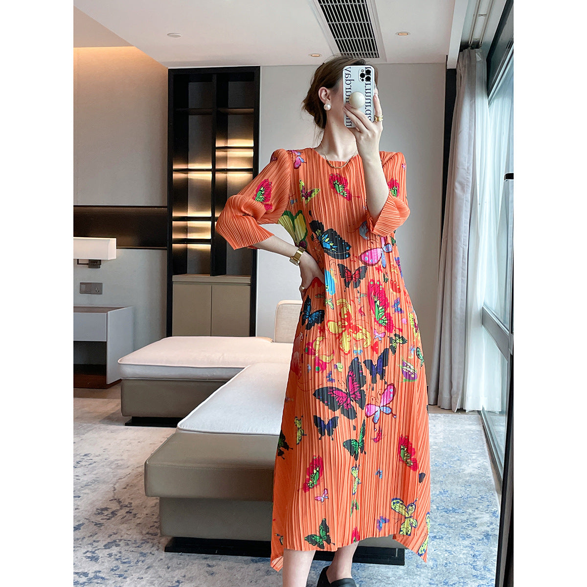Miyake  autumn new  printing slim pleated dress light luxury elegant celebrity temperament long dress