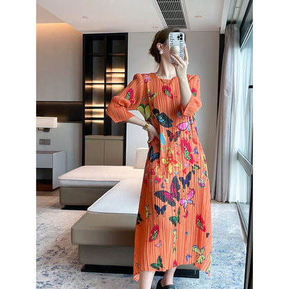 Miyake  autumn new  printing slim pleated dress light luxury elegant celebrity temperament long dress