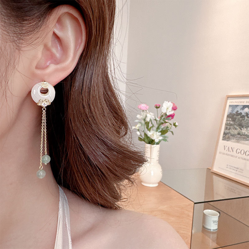 2025 Ping An Buckle Tassel Fu Character Xiangyun Earrings Imitation Jade New Chinese Antique Earrings Guofeng Cheongsam Hanfu Versatile Earrings