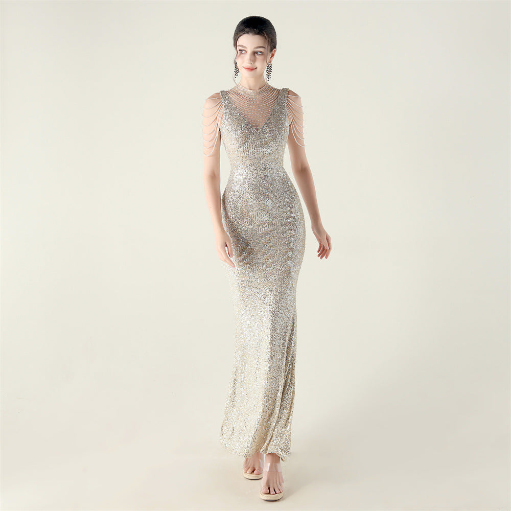 33553 # new turtleneck fishtail evening dress, beaded embroidered sequined crystal diamond decoration, red carpet wedding banquet dress