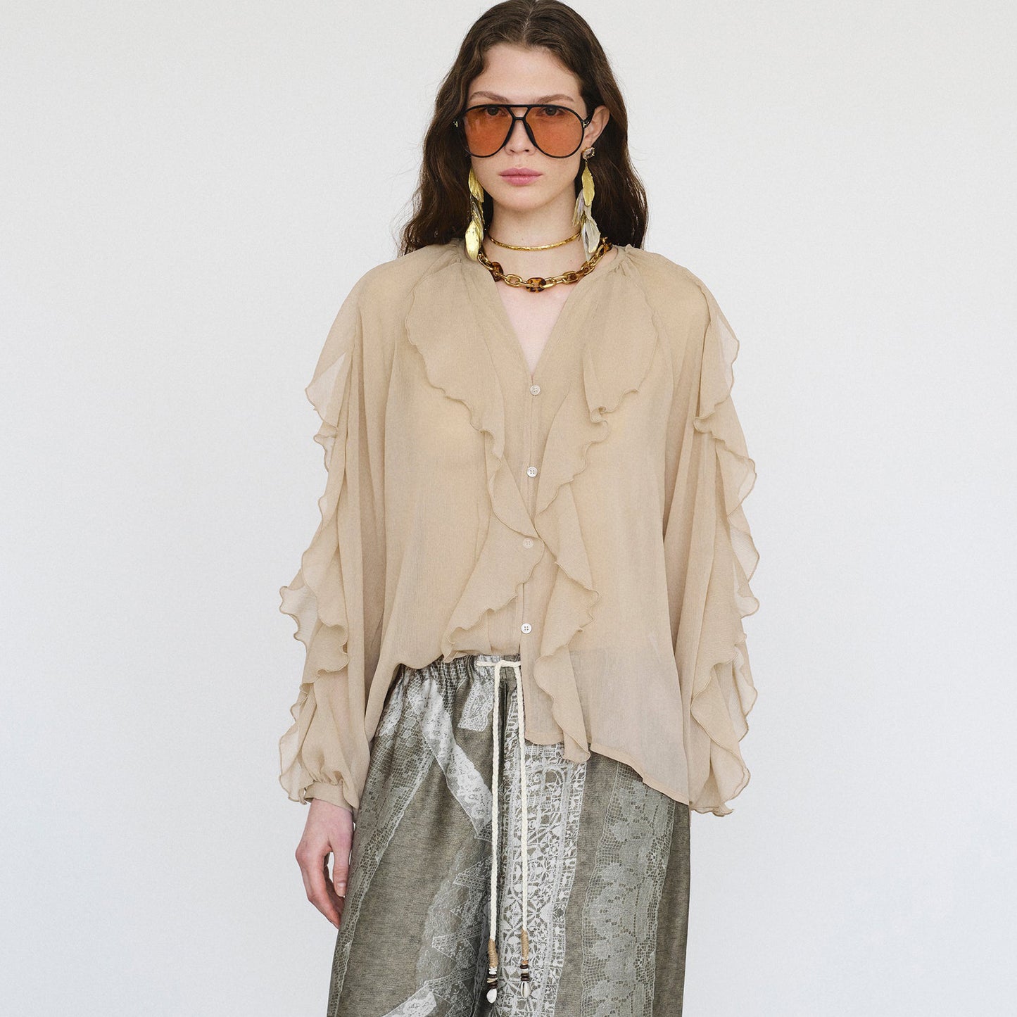 high-end design sense solid color temperament chiffon ruffle edge zipper top versatile comfortable loose long-sleeved shirt