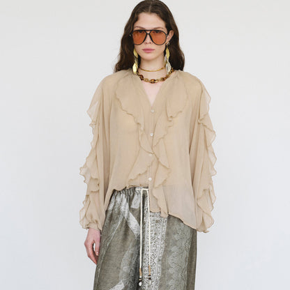 high-end design sense solid color temperament chiffon ruffle edge zipper top versatile comfortable loose long-sleeved shirt