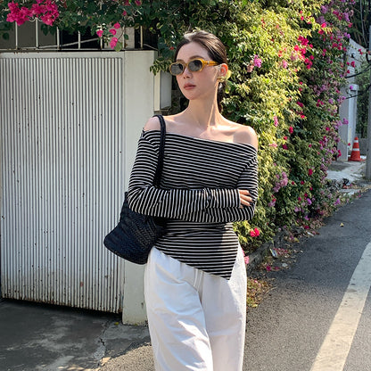 2025 spring new ins temperament off-the-shoulder striped bottoming shirt long-sleeved knitted sweater women's top 89301