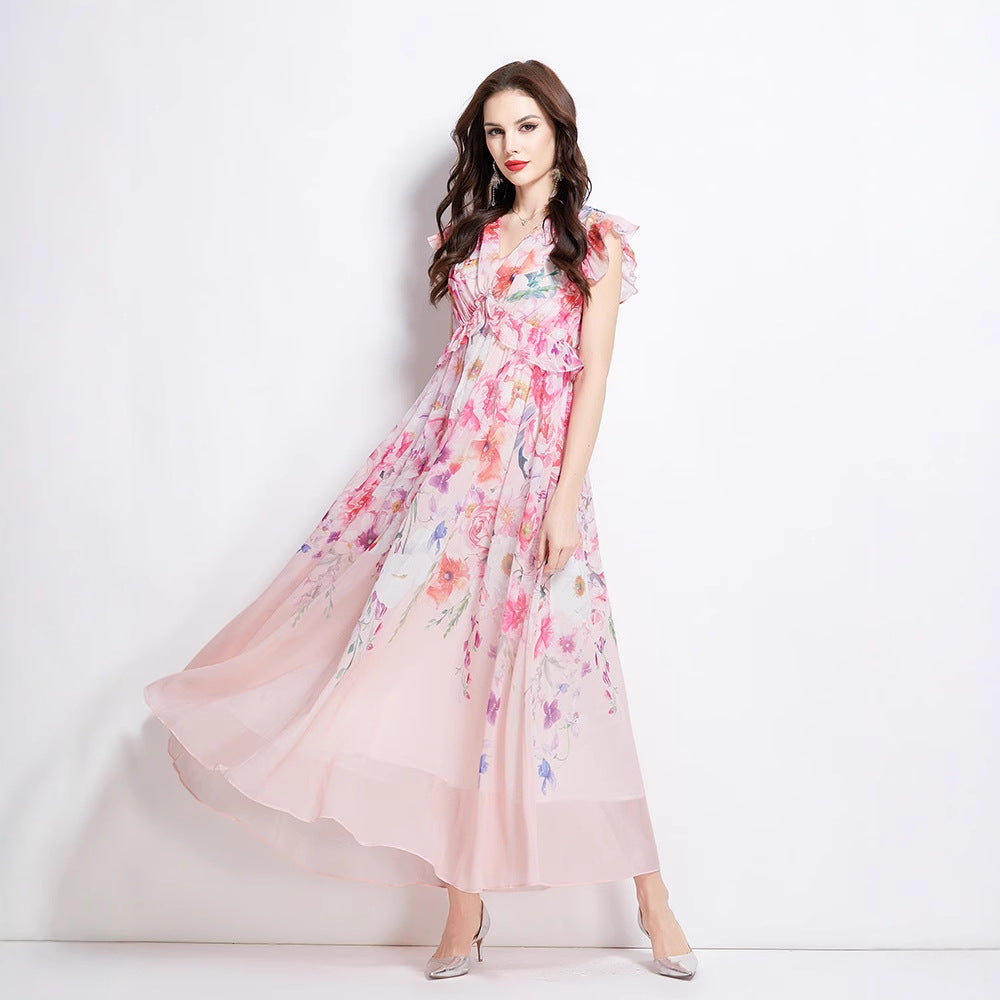 Holiday style dress women's  summer dress  celebrities elegant V-neck small flying sleeves waist temperament printed long dress