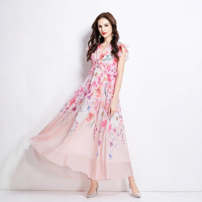 Holiday style dress women's  summer dress  celebrities elegant V-neck small flying sleeves waist temperament printed long dress