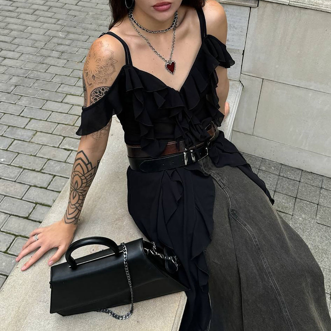 suspender super long irregular shirt high-end design sense niche splicing lace-up top lazy wind New