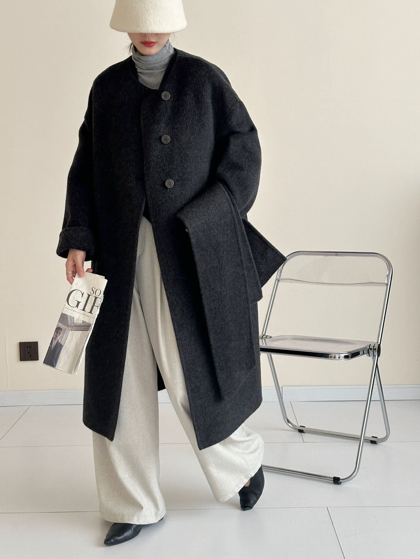 2025 Yak velvet mulberry silk wool single-row multi-button scarf, shoulder-length sleeves, double-sided woolen cashmere coat, no vest.