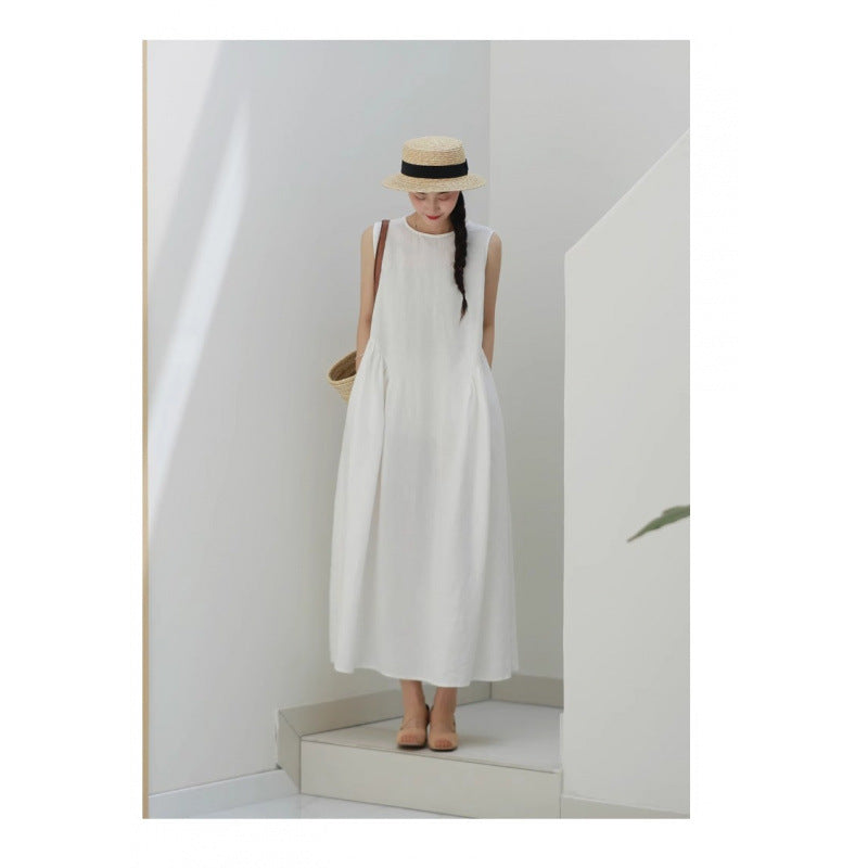 summer new simple solid color loose temperament vacation vest dress high sense medium and long dress