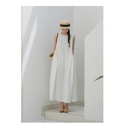 summer new simple solid color loose temperament vacation vest dress high sense medium and long dress