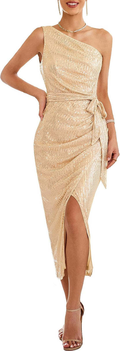 FLOWERSVERSE 20252025 4 Women's Sleeveless Shoulder Sequin Dress Sparkle Wrap Dress Cocktail Party with Split Wedding