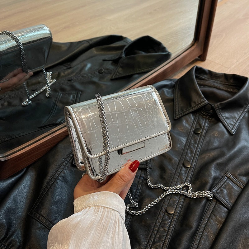FLOWERSVERSE 2025 Small bag women's new silver glossy mini square bag crocodile pattern embossed chain messenger bag air cushion mouth red envelope