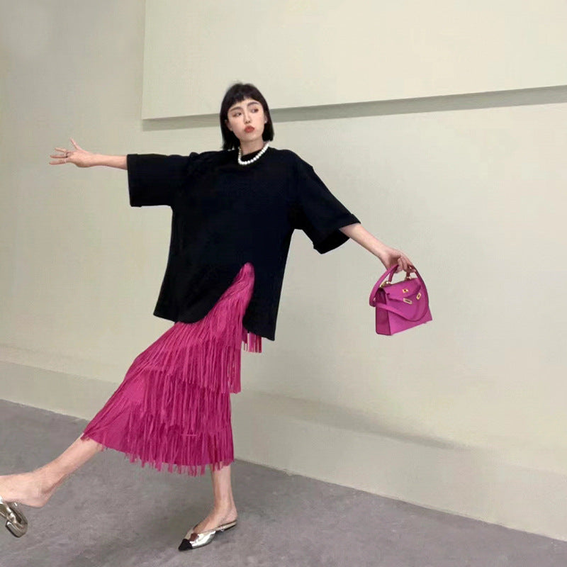 popular spring new Hong Kong-style retro style Internet celebrity with the same fringed skirt femininity thin waist pleated skirt