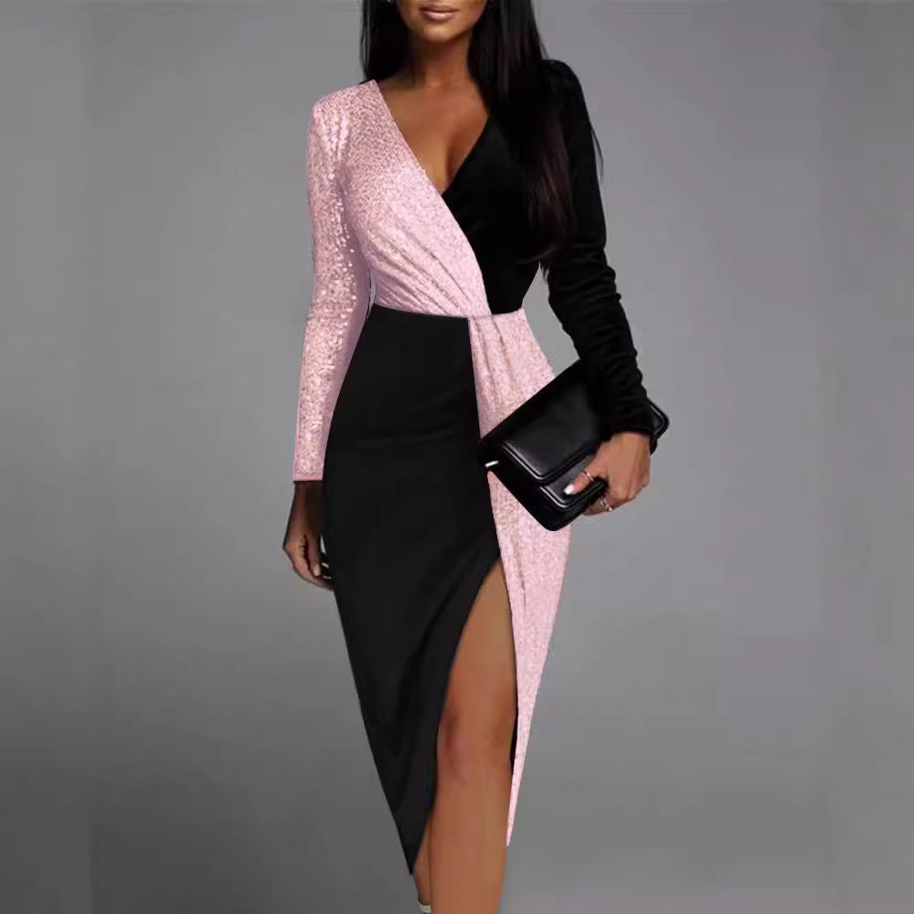 FLOWERSVERSE 2025 New new summer black temperament commuting color matching sequins small temperament high waist v-neck long sleeve dress