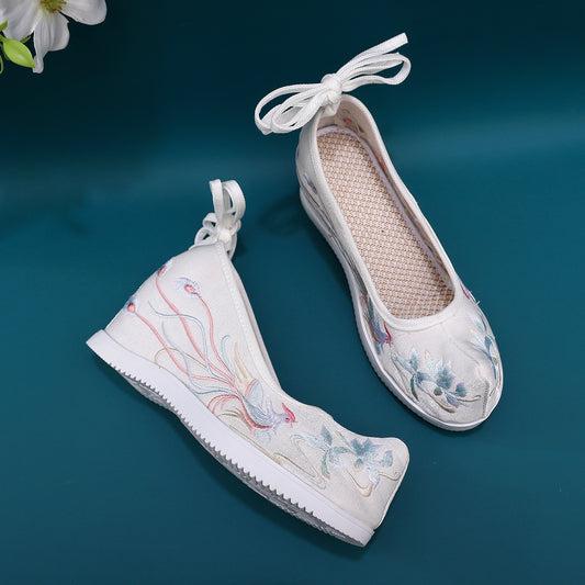 flowersverseHigh Heel the Han-Style Clothing Shoes Women's Ancient Style Height Increasing Insole Seven cm Embroidered Cotton Shoes Matching Retro Matching Student Dancing Shoes