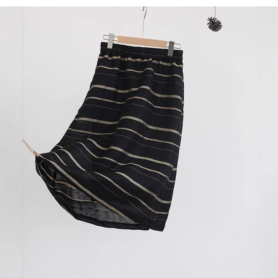 2025 spring and summer women's long skirt, blended elastic waist black rice striped literary and versatile medium and long skirt A0538