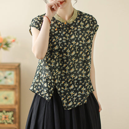 Cotton and linen new Chinese-style diagonal placket-button sleeveless shirt  summer national style printing retro literary temperament top women
