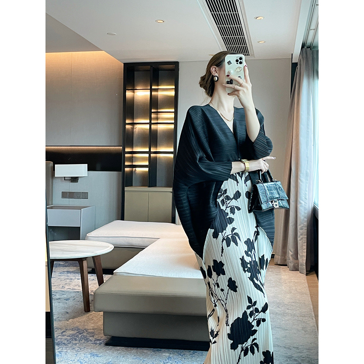 Folds  spring high-end  high-end printed fashion dress temperament elegant loose meat-covering dress