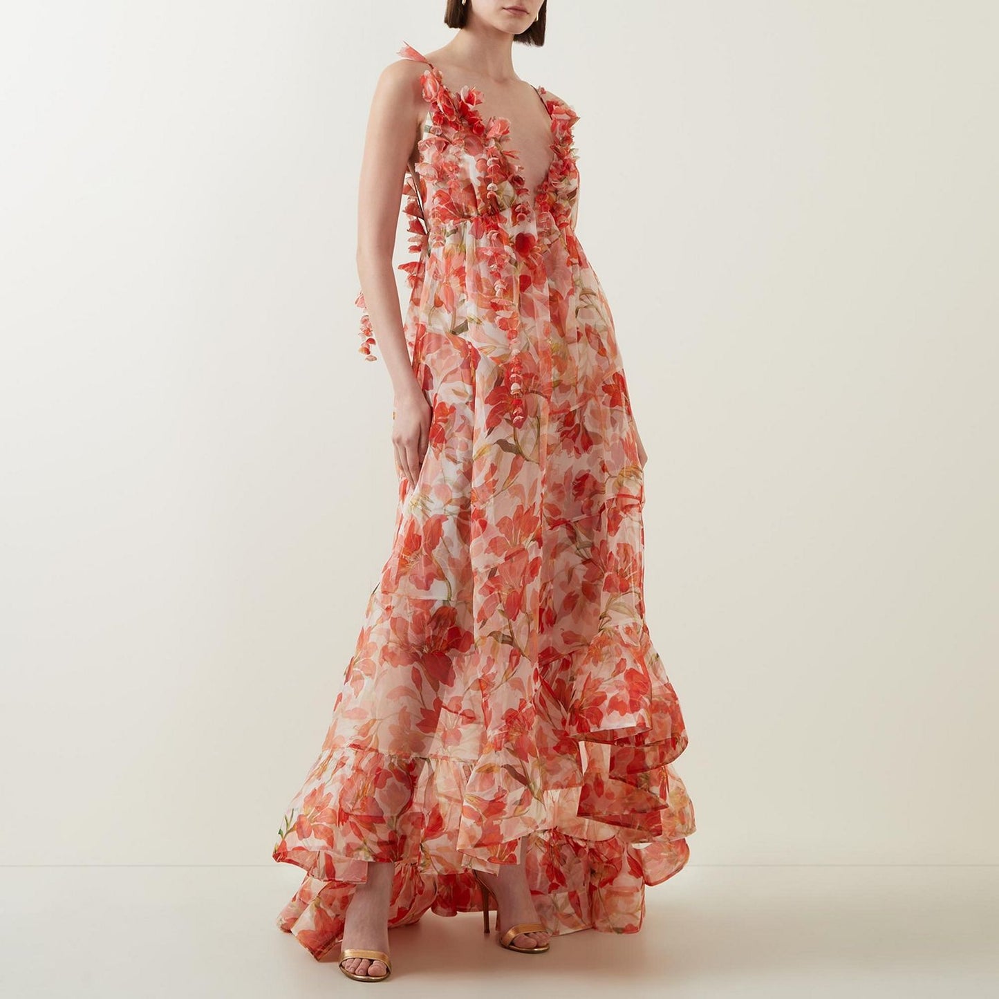 FLOWERSVERSE popular new spring and summer off-the-shoulder V-neck women's clothing suspender printing fairy long temperament evening dress big swing dress