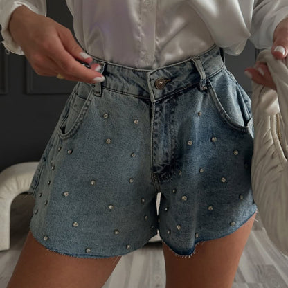 Spring new riveted denim shorts women's curling edge personality fashion and thin small hot pants Spice girl trendy brand