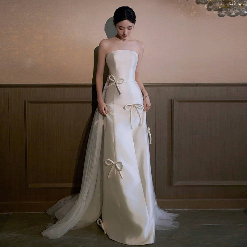 2025 Korean super fairy light wedding dress  new high-end satin bridal welcome dress temperament light luxury fishtail tube top dress