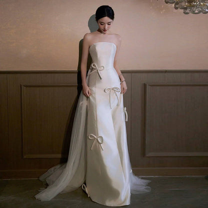 2025 Korean super fairy light wedding dress  new high-end satin bridal welcome dress temperament light luxury fishtail tube top dress