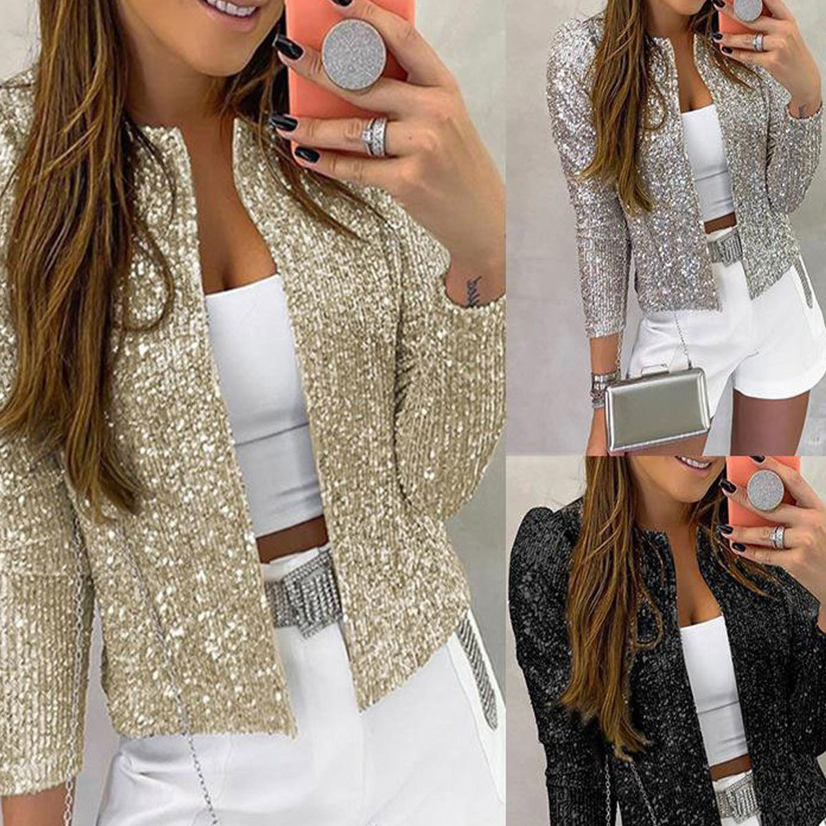 FLOWERSVERSE 2025 spring new 2025 women's clothing fashion stand-up collar sequined Garib jacket short casual versatile small coat