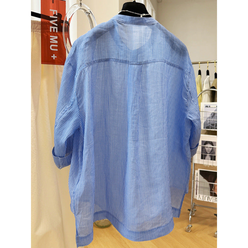 high-end crew neck striped seven-quarter sleeve shirt women's summer thin temperament shirt super good-looking loose top