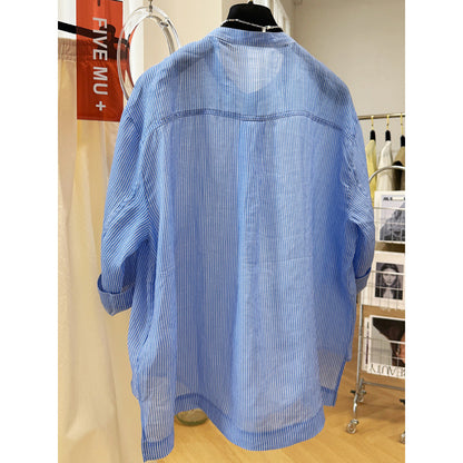 high-end crew neck striped seven-quarter sleeve shirt women's summer thin temperament shirt super good-looking loose top