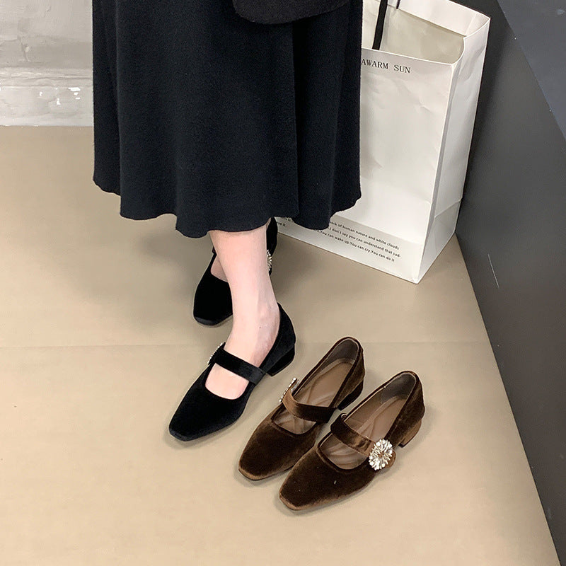 2025  Thousand gold elegant retro square head rhinestone buckle with Mary Jane shoes temperament suede thick heel single shoes women