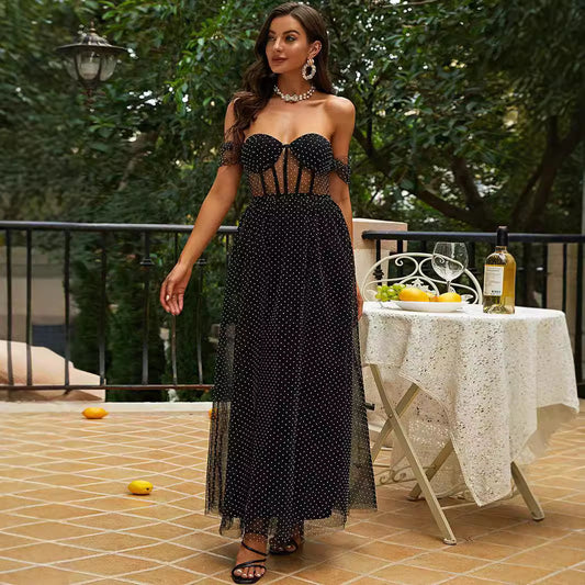 FLOWERSVERSE New summer women's slim-fit fashion black tube top mesh polka dot off-the-shoulder princess dress temperament dress