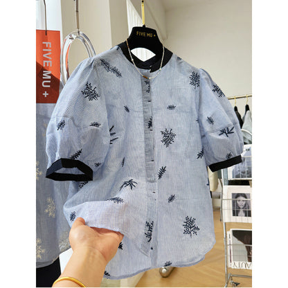 Premium heavy industry embroidery contrasting striped round neck short-sleeved shirt women's summer thin temperament shirt bubble sleeve top