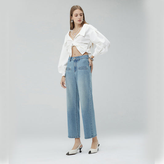 2025 In the autumn of , 2025n pure and elegant minimalist style shows high and thin wide-leg pants, women's high-waisted denim nine-point pants