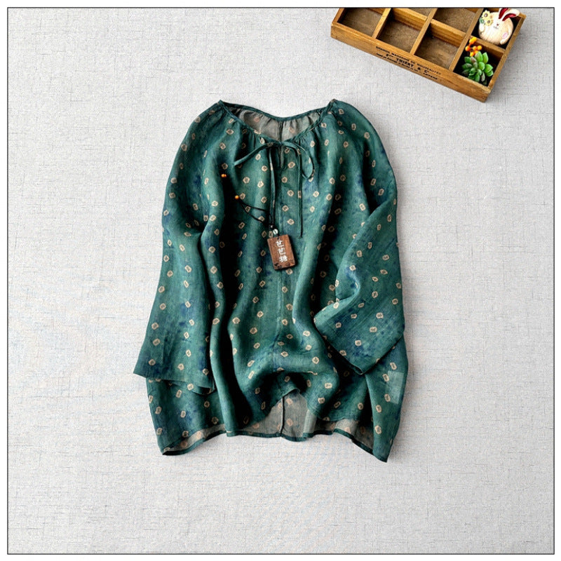 Literary and retro printed shirt skirt set  spring comfortable pendulum double-layer A-word long skirt two-piece set