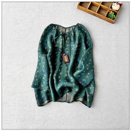 Literary and retro printed shirt skirt set  spring comfortable pendulum double-layer A-word long skirt two-piece set