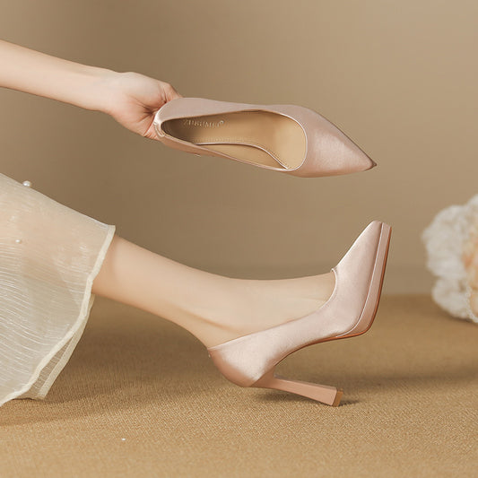 2025 105-3 temperament satin suede high heels are not tired feet pointed thin heels super high heels sexy waterproof table shoes