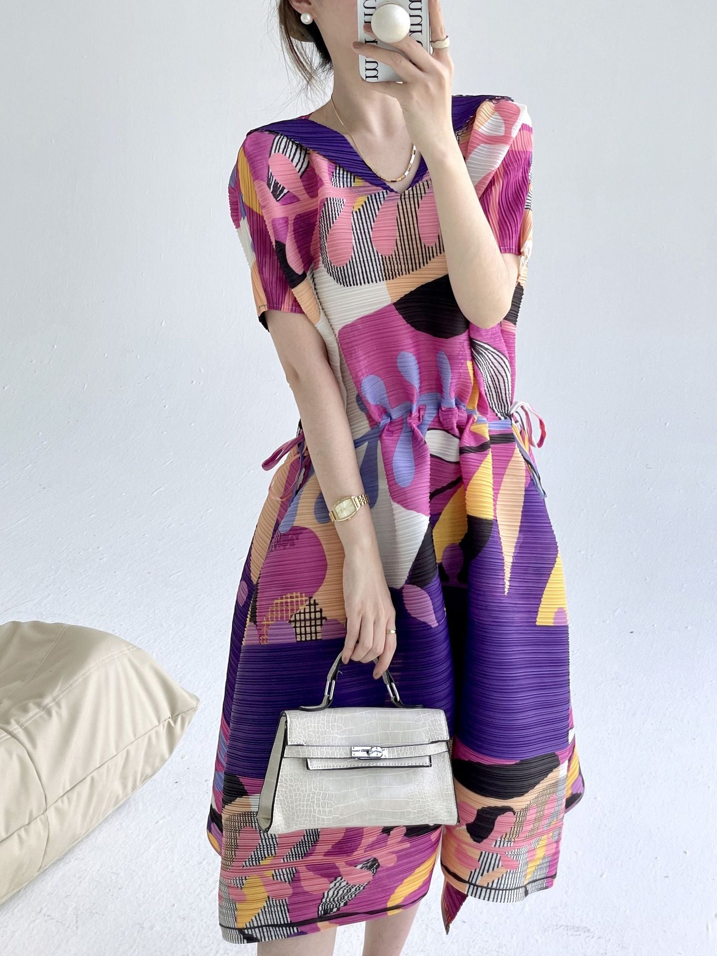 Miyake summer new fashion retro printing loose v-neck pleated dress femininity drawstring waist skirt